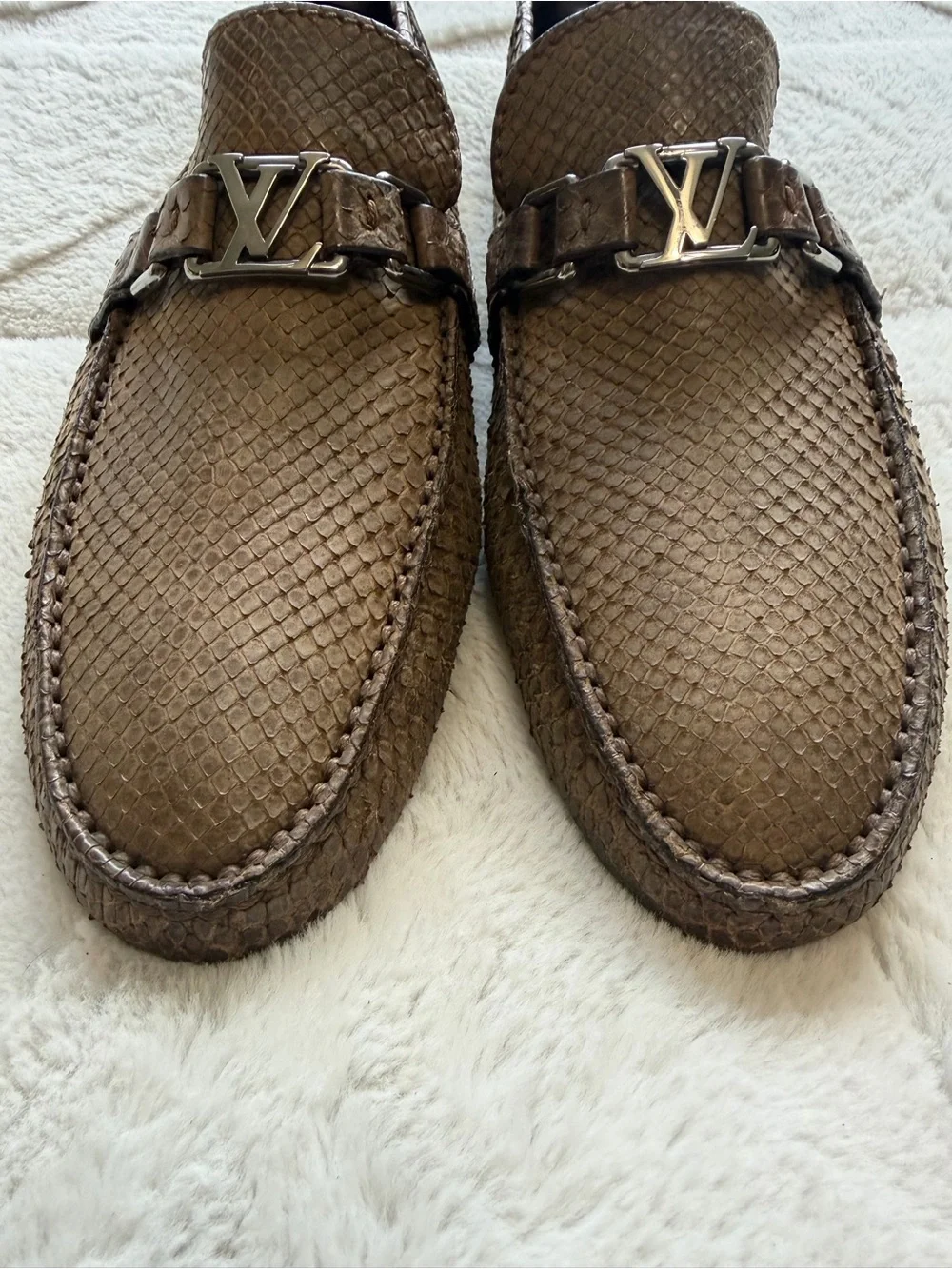 $1,995 Louis Vuitton Genuine Exotic Python Snake Skin Silver Buckle Loafers 8.5